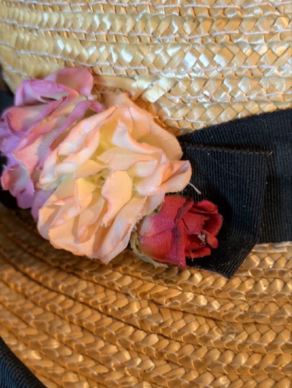 Vintage Tan Straw Sun Hat Bowler Black Ribbon Trim and Pink Flower - Picture 9 of 9